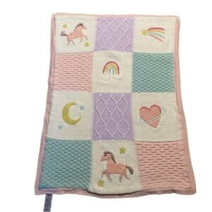 Pottery Barn Unicorn Heirloom Patchwork Pastel Knit Baby Blanket with Rainbow